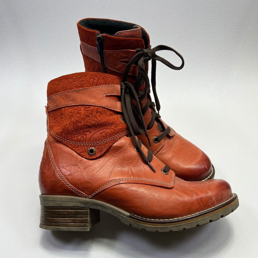 Dromedaris Kara Leather Boots Womens 41 Red Orange Lace Up Faux Fur Lined Combat